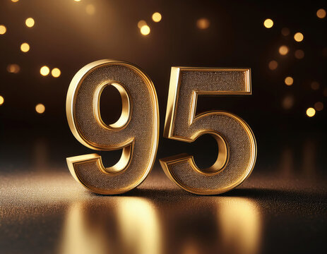 The impressive golden number 95 in a 3d rendering has a rich metallic texture with a reflective surface on dark bokeh background
