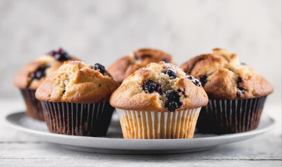 Four blueberry muffins are arranged on a white plate