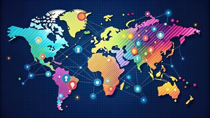Fototapeta premium Colorful vector illustration of a stylized world map composed of bold lines, abstract shapes, and minimalist icons, symbolizing global connections and modern technology.