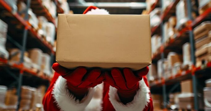 Christmas delivery service, Santa Claus holding cardboard box in warehouse storage, concept of holiday package sending, online retail shopping order distribution, business slow motion with copy space