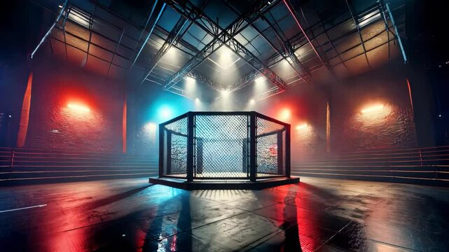 Empty MMA fighting cage illuminated by dramatic lighting in a vibrant arena ready for a competitive match