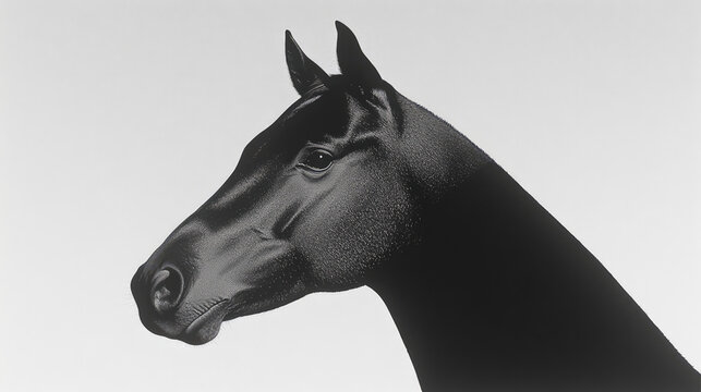 Monochromatic artistic rendering of a horse's profile in black, emphasizing the sleek contours and structure of the animal against a gradient background.