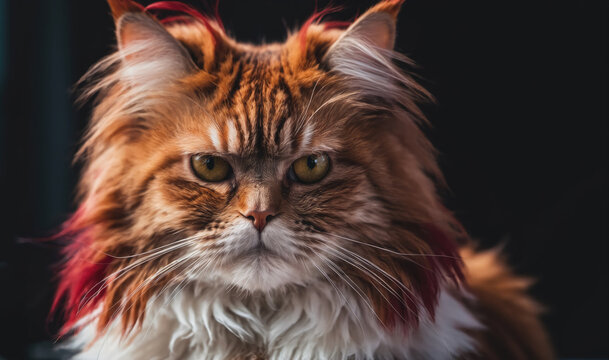 A ginger cat stares intently at the camera with a serious expression