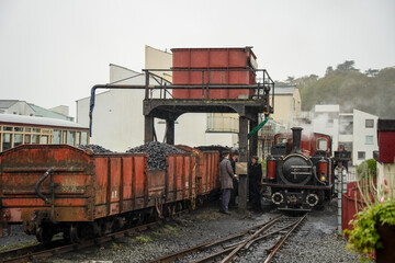 a vintage working steam locomotive train, Ffestiniog narrow gauge railway in Snowdonia National Park, Wales UK