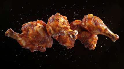 Crispy, succulent roasted chicken drumsticks with a golden-brown glaze, suspended in mid-air with crumbs and seasonings floating around, set against a dark background, showcasing delicious savory food