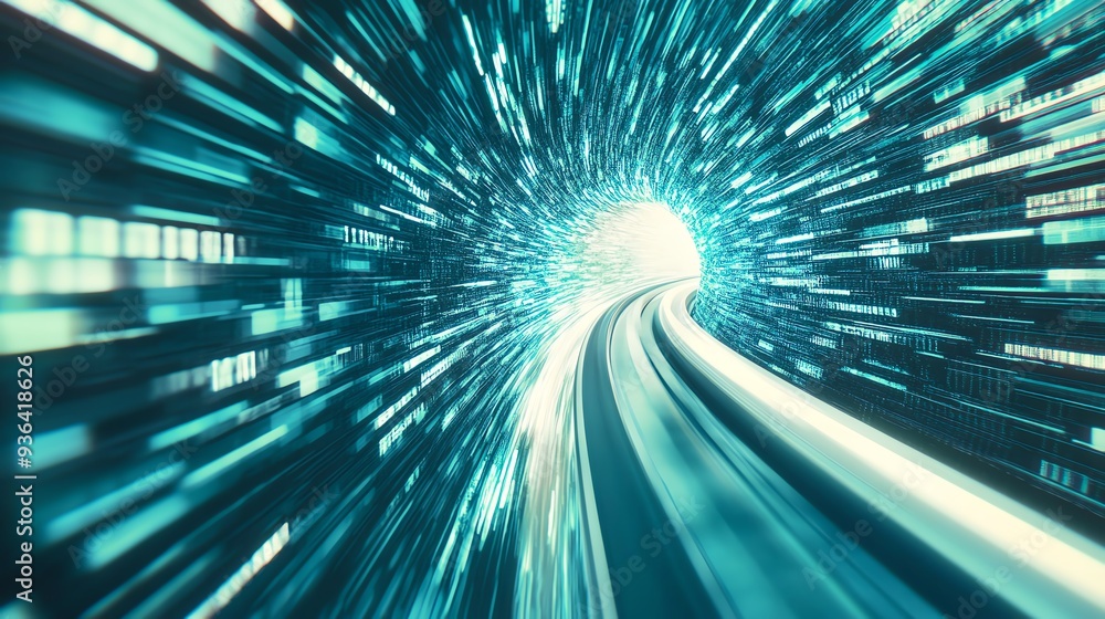 Poster a dynamic tunnel of light and motion, symbolizing speed, technology, and innovation in a captivating