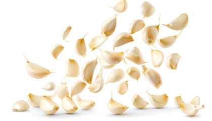 Falling peeled garlic cloves isolated on white background with clipping path