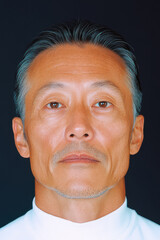 Fototapeta premium Close-up portrait of a middle-aged man wearing a white turtleneck, showcasing his deep expression and sharp features against a dark, solid background.