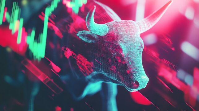 A dynamic bull symbolizing market growth and bullish trends with vibrant financial graphics.