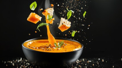 Tomato soup garnished with floating croutons, basil, and spices, presented in a dynamic and appetizing composition against a dark background.
