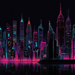 Fototapeta premium A T-shirt design featuring neon lit cityscapes robotic figures and glitchy text elements.