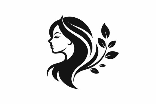 black and white woman profile with leaves clip art preview