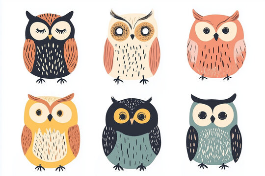 set of cute Scandinavian-style owl illustrations in various colors