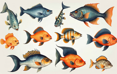 Naklejka premium Illustrative and colorful depiction of fishes of different kind in color and shape in a drawn appearing style