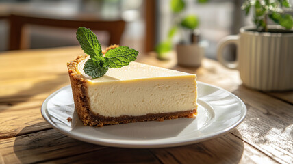 Classic Cheesecake Slice with Fresh Mint Garnish in Sunlit Cafe