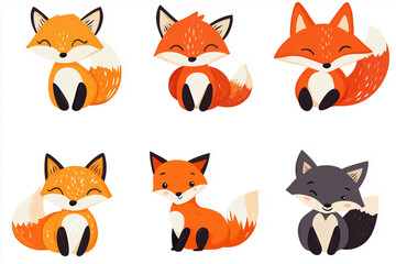 set of cute Scandinavian-style fox illustrations in various poses