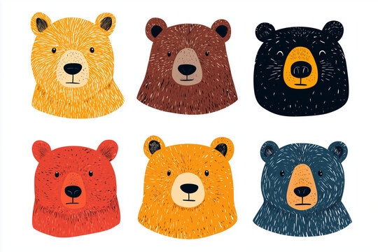 set of Scandinavian-style bear illustrations in vibrant colors
