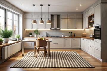 Fototapeta premium Contemporary kitchen interior featuring a chic striped rug in neutral tones, adding warmth and texture to the sleek modern space with minimal decor.