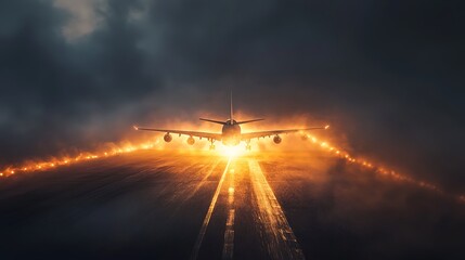 Airplane Taking Off on Runway at Night