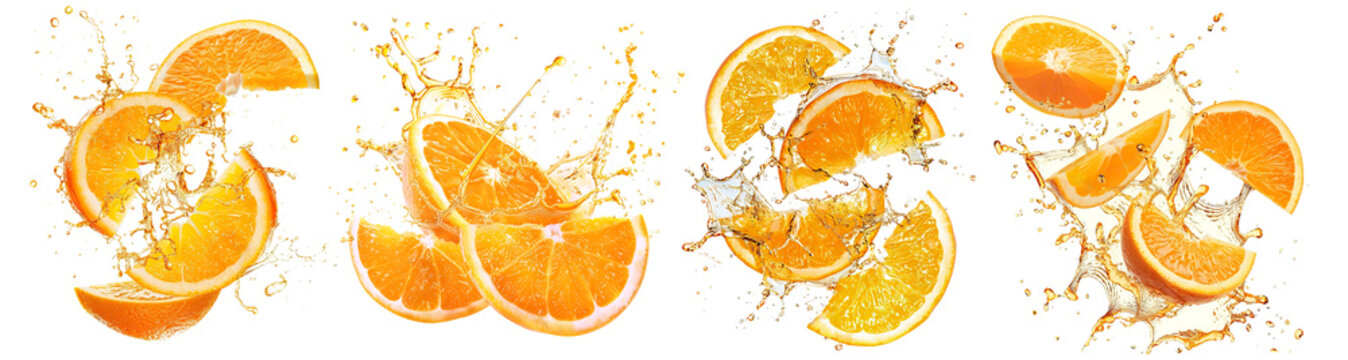 Set of fresh delicious oranges splashing, cut out
