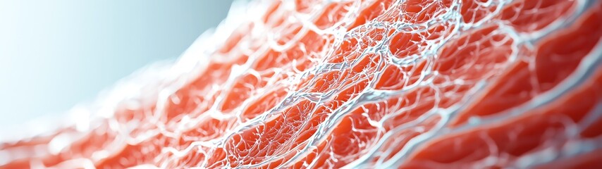 Close-up view of intricate cellular structure, showcasing dynamic patterns in vibrant color and texture.