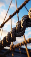 Obraz premium Close-up of a sturdy rope knot against a vibrant sky, showcasing texture and craftsmanship in nautical settings.