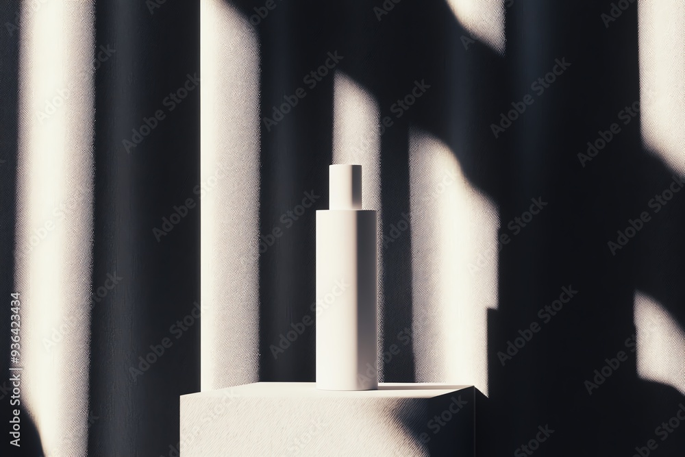 Poster minimalist arrangement featuring a geometric white object illuminated by soft shadows against a text