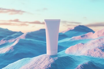 Minimalist skincare tube on vibrant pastel landscape, symbolizing freshness and beauty in a serene...