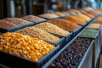 A vibrant display of various grains and legumes at a bustling market in the early morning