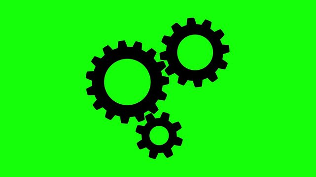Animation of three rotating gears of different sizes. Green background. Rotation of gear wheels, animation of rotation of working motor and gears.
