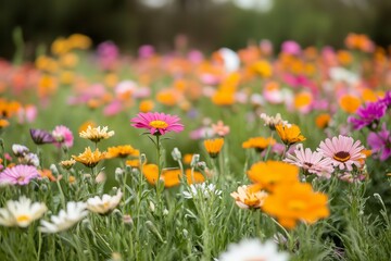 Fototapeta premium Colorful wildflower field in springtime with a variety of blooms in full bloom