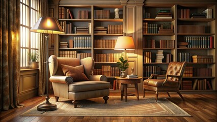 Cozy living room corner with vintage armchair, floor lamp, and stacked bookshelves filled with classic novels, surrounded by warm beige and golden tones.