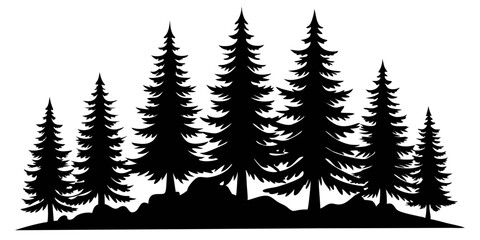 Fir trees silhouettes. Coniferous spruce horizontal background patterns, black evergreen woods vector illustration. Beautiful hand drawn panorama with treetops forest