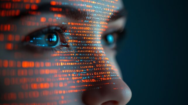 Close-up of a woman's face with digital data reflections, symbolizing AI-driven cybersecurity analysis, Generative AI