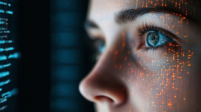 Close-up of a woman's face with digital data reflections, symbolizing AI-driven cybersecurity analysis, Generative AI