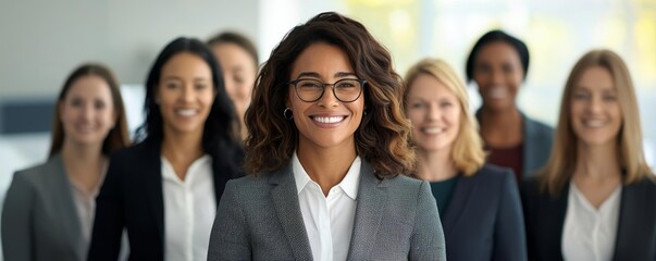 Fototapeta premium Smiling, diverse group of women in business attire, captured in a lively, painted style, celebrating equality and workplace diversity, Generative AI