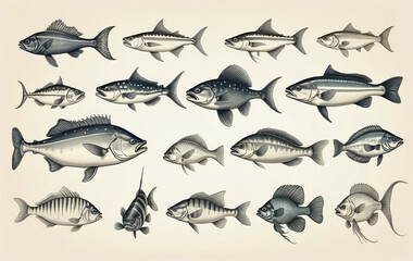 Illustrative and colorful depiction of fishes of different kind in color and shape in a drawn appearing style