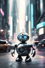 Fototapeta premium A cute little modern robot on city roads, future High-Tech robot and Neon light