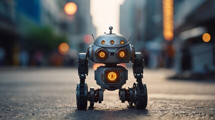 A cute little modern robot on city roads, future High-Tech robot