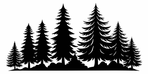 Fir trees silhouettes. Coniferous spruce horizontal background patterns, black evergreen woods vector illustration. Beautiful hand drawn panorama with treetops forest