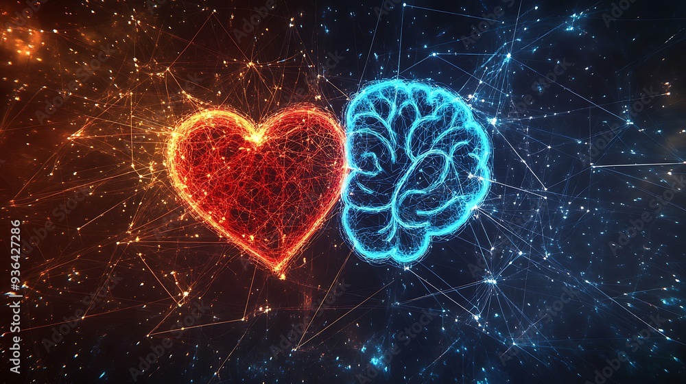Aufkleber abstract illustration of a glowing heart and brain connected by a network of lines