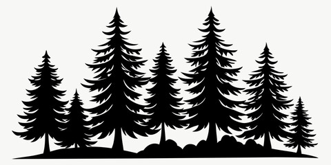 Fir trees silhouettes. Coniferous spruce horizontal background patterns, black evergreen woods vector illustration. Beautiful hand drawn panorama with treetops forest