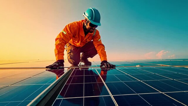 Male professional engineer installing solar photovoltaic panel system, Electrician mounting blue solar module technology on power industrial factory roof, Alternative energy ecological technician job