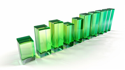 Green glass bars in varying heights forming chart on white background