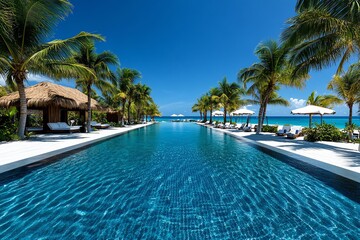 Fototapeta premium A luxurious spa pool with warm, crystal-clear water, surrounded by palm trees and cabanas, offering a perfect place to relax and unwind