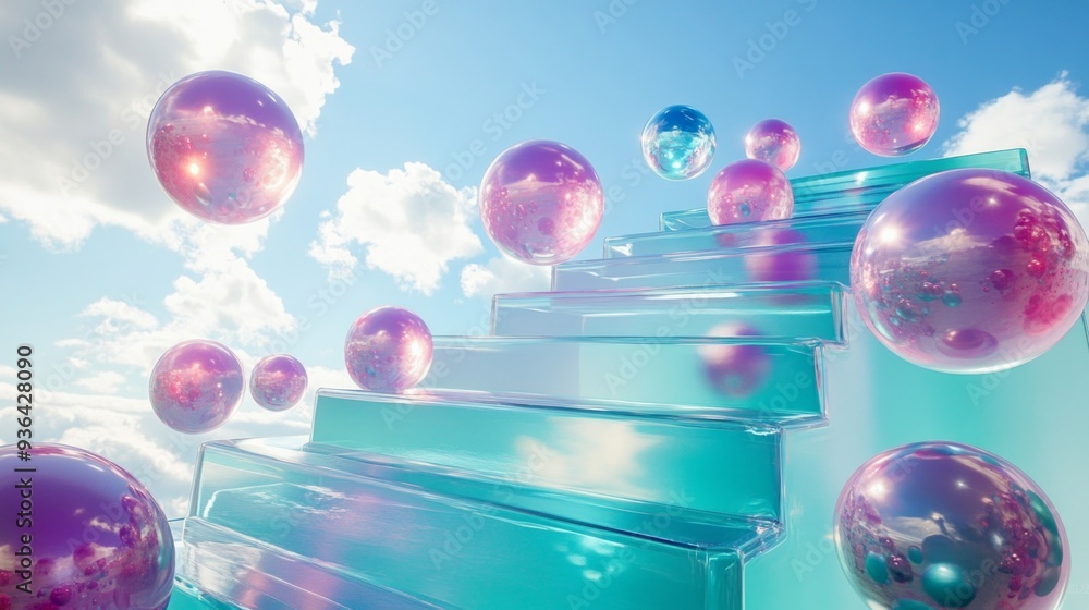 Poster a surreal staircase leads to the sky with translucent steps. colorful orbs float above, creating a d