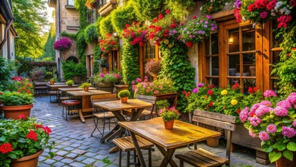 Cozy outdoor seating area with rustic wooden tables, lush greenery, and vibrant flowers, surrounding a charming café with a warm and inviting atmosphere.