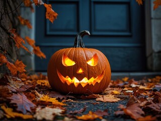 Obraz premium A carved jack-o'-lantern with a lit candle inside sits on a porch with fallen leaves. The pumpkin has a scary face and is illuminated by the candle, creating a spooky atmosphere.