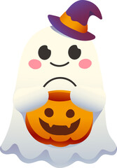 Smiling Ghost with Pumpkin Bucket and Witch Hat (Gradient Color Style)