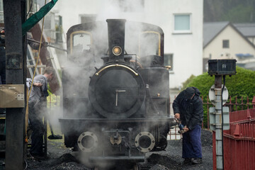 a vintage working steam locomotive train, Ffestiniog narrow gauge railway in Snowdonia National Park, Wales UK